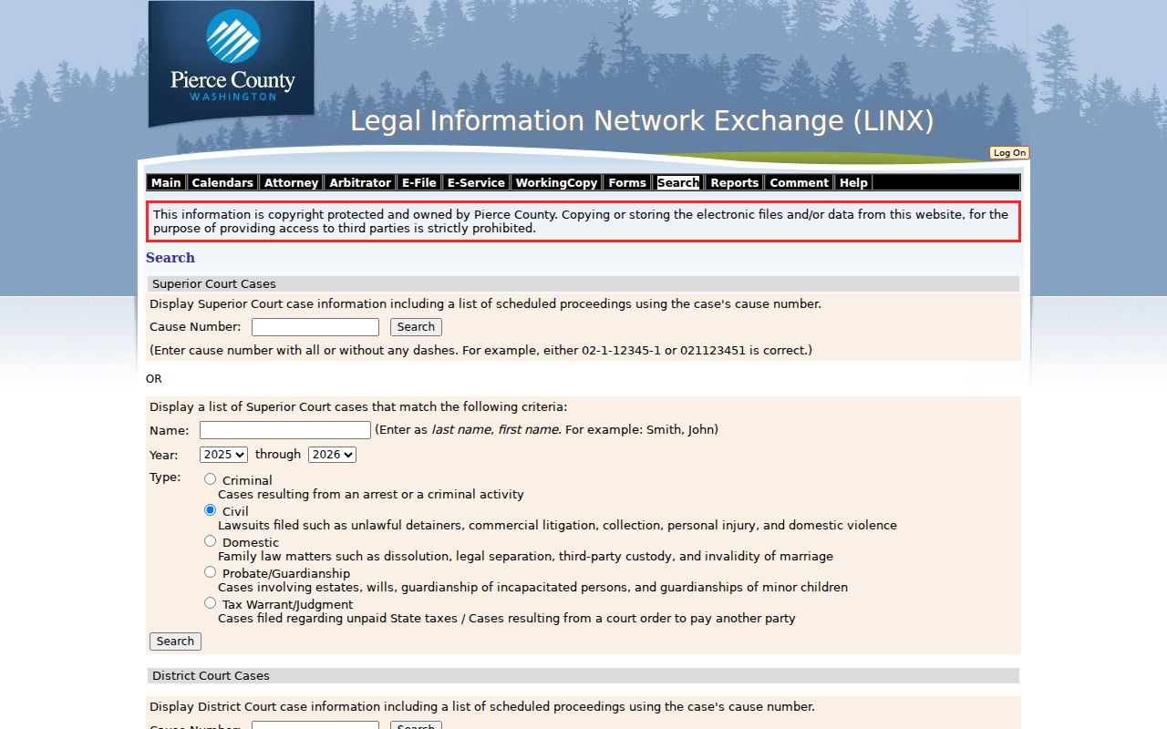 Bonney Lake people search using the Pierce County LINX court index